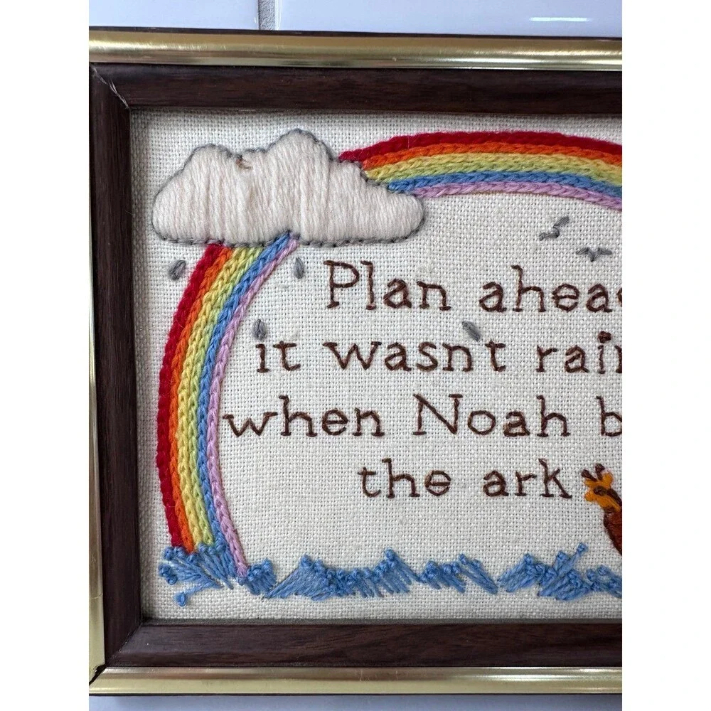 Vintage Handmade Framed Noah's Ark Embroidered Wall Art Rainbow Christian Decor